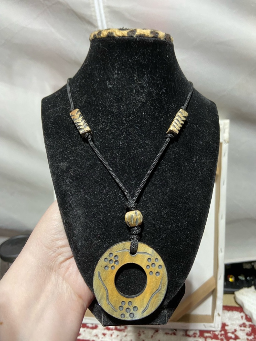 Black Cord Necklace with Imitation Wood, Tan Round Pendant